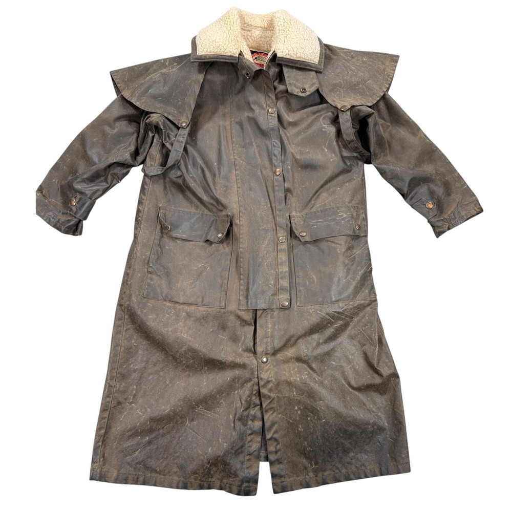 Long Waxed Trench Coat with Sherpa Collar - Brown